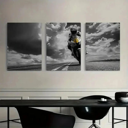 3pcs Black & White Motor Cyclist Art Painting Metal Print Ready to Hang Art