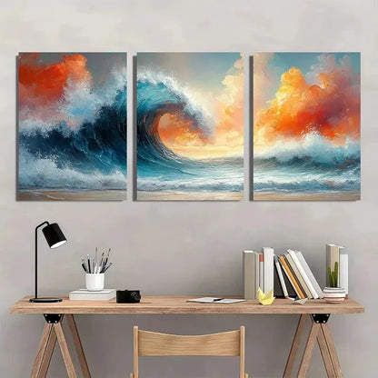 3pcs Abstract Ocean Oil Painting Wave Texture Metal Print Ready to Hang Art