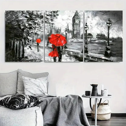 3pcs Black and White Street with Red Umbrellas Metal Print Ready to Hang Art