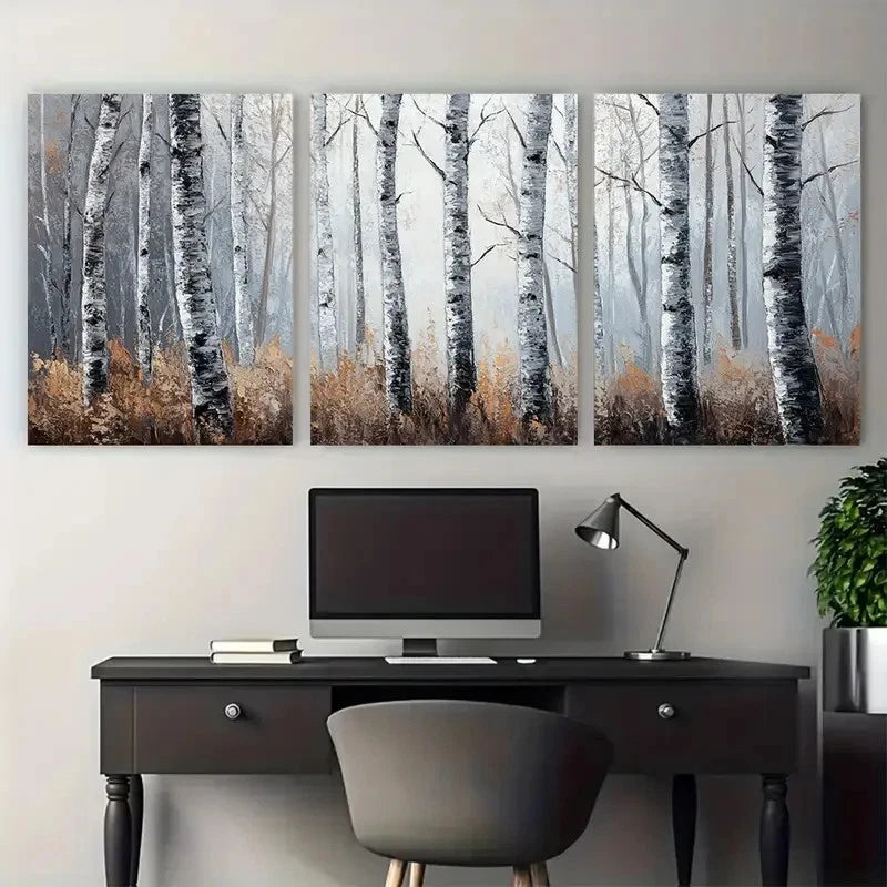 3pcs Birch Trees Tree Forest Impasto Perfect Wall Art Set Canvas Framed 60x90cm - High Quality Print 100% Australian Made Wall Canvas Ready to Hang
