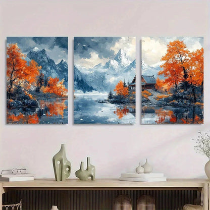 3pcs Autumn Mountain Vibrant Orange Trees Metal Print Ready to Hang Art