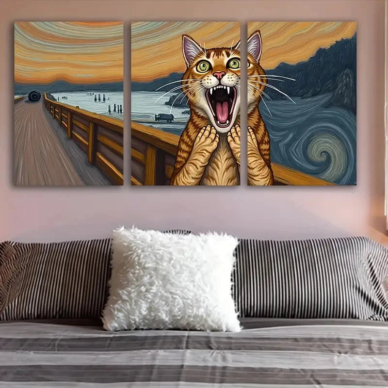 3pcs Cat Portrait with Green Eyes & Van Gogh Metal Print Ready to Hang Art