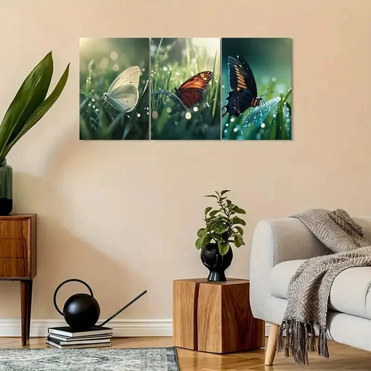 3pcs Vintage Butterfly with Dewy Morning Scenes Metal Print Ready to Hang Art