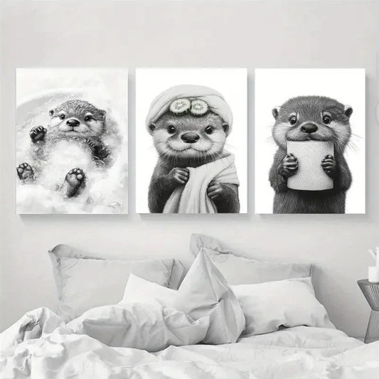 3pcs Cute Otter Black & White Cartoon Metal Print Ready to Hang Art