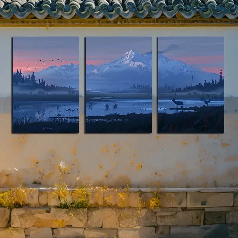 3pcs Majestic Mountain Sunrise & Wildlife Scene Metal Print Ready to Hang Art
