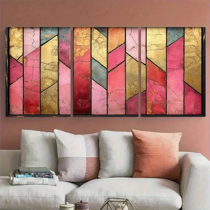 3pcs Pink Golden Marbling Bold Angular Design Metal Print Ready to Hang Art