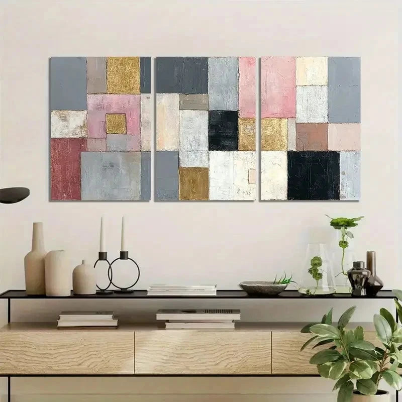 3pcs Abstract Geometric Grey Pink Golden & Black Metal Print Ready to Hang Art