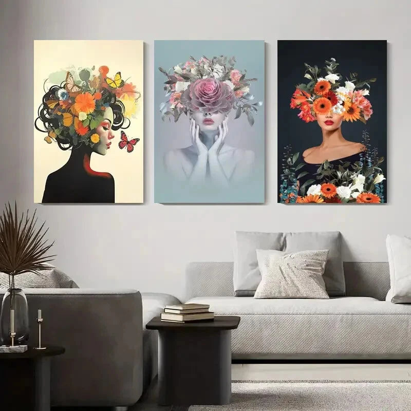 3pcs Abstract Portraits with Floral And Butterfly Metal Print Ready to Hang Art