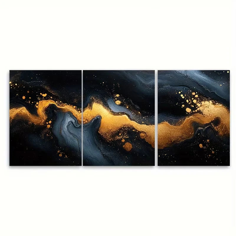 3pcs Golden Black White Marble Effect Metal Print Ready to Hang Art