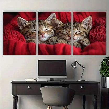 3pcs Two Sleepy Kittens Dreamy Hearts Metal Print Ready to Hang Art