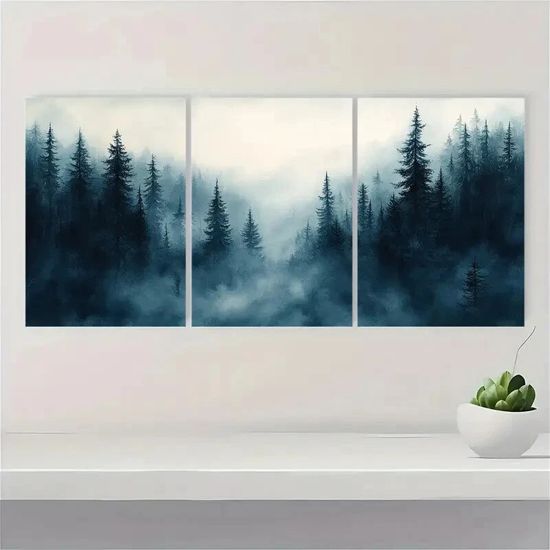 3pcs Foggy Pine Forest Watercolor Painting Metal Print Ready to Hang Art