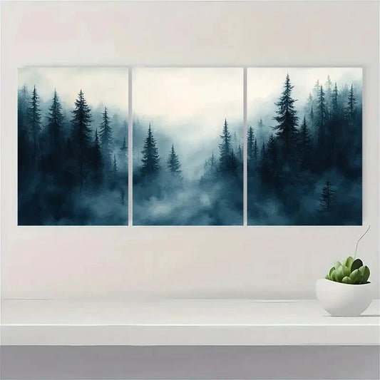 3pcs Foggy Pine Forest Watercolor Painting Metal Print Ready to Hang Art