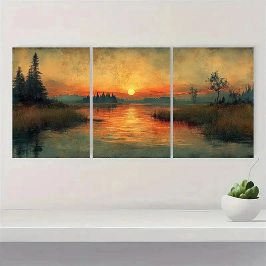 3pcs Antique Hill and Marshland Landscape Art Metal Print Ready to Hang Art