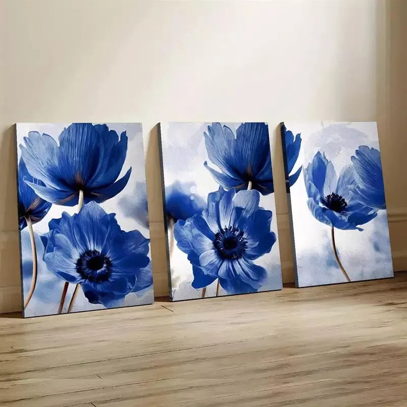 3pc Blue Poppy Flower  Wall Art Set Canvas Framed 50x70cm - High Quality Print 100% Australian Made Wall Canvas Ready to Hang - Bella Home Decor