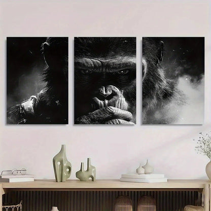 3pcs Vivid Black and White Animal Gorilla Metal Print Ready to Hang Art