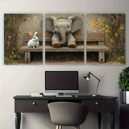 3pcs Whimsical Elephant and Rabbit Bench Metal Print Ready to Hang Art
