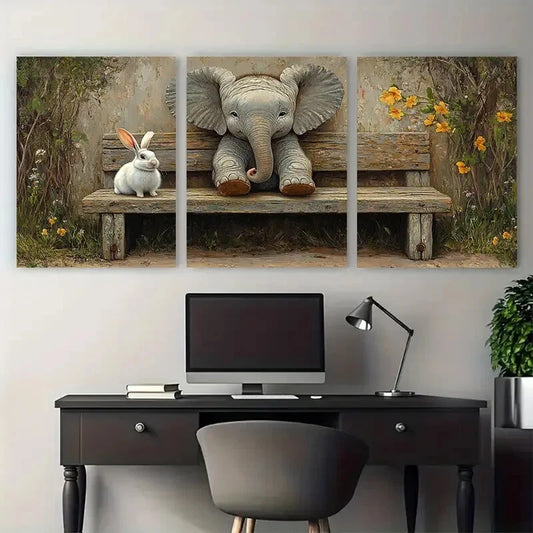 3pcs Whimsical Elephant and Rabbit Bench Metal Print Ready to Hang Art