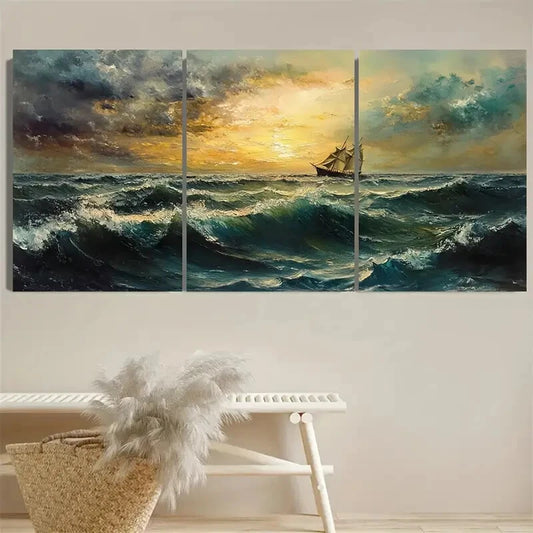 3pcs European Seascape Antique Moody Beach Ocean Metal Print Ready to Hang Art