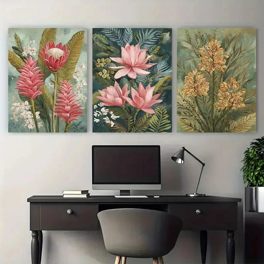 3pcs Vintage Indonesian Floral Illustration Wall Art Set Canvas Framed 50x70cm - High Quality Print 100% Australian Made Wall Canvas Ready to Hang