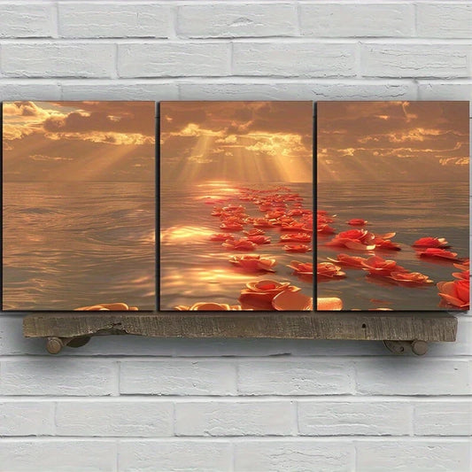 3pcs Sunset River Rose Petal Design Metal Print Ready to Hang Art
