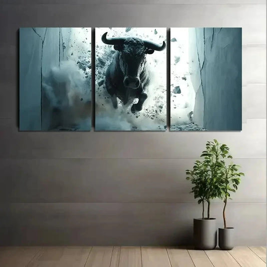 3pcs Anthropomorphic Bull Breaking Through Walls Metal Print Ready to Hang Art