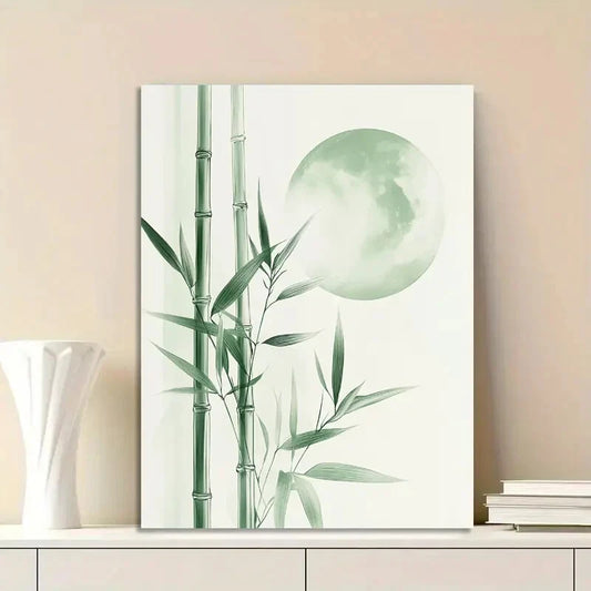 Minimalist Bamboo and Moon Green  40x60cm Metal Print Ready to Hang