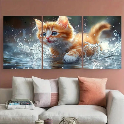 3pcs Fluffy Kitten Playing with Water Metal Print Ready to Hang Art