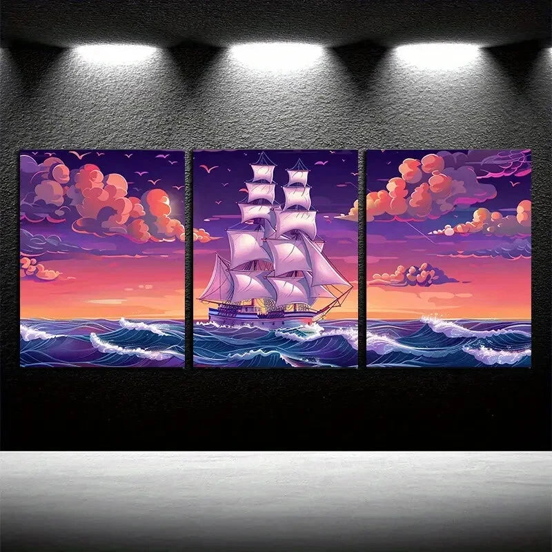 3pcs Mystical Sailboat at Sea Nautical Design Metal Print Ready to Hang Art