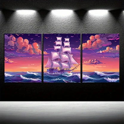 3pcs Mystical Sailboat at Sea Nautical Design Metal Print Ready to Hang Art
