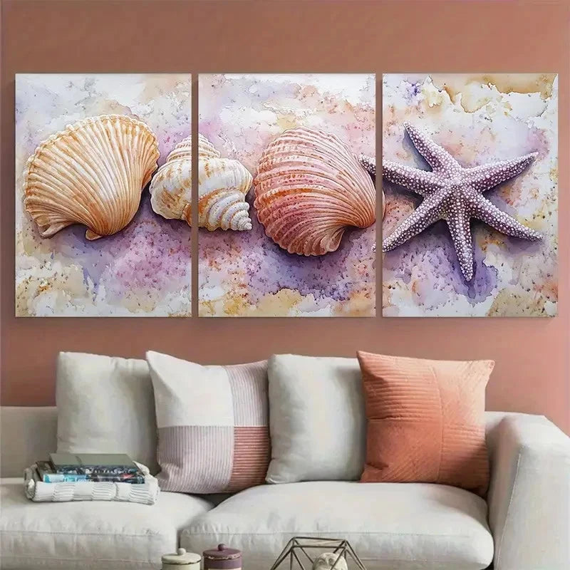 3pcs Delicate SeaShell Coral Starfish Illustration Metal Print Ready to Hang Art
