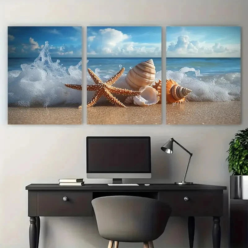 3pcs Coastal Beach Photography Starfish & Shells Wall Art Set Canvas Framed 60x90cm - High Quality Print 100% Australian Made Wall Canvas Ready to Hang