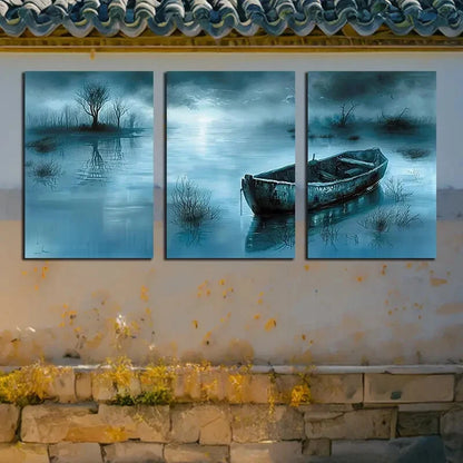 3pcs Dark Lake and Boat Scene Metal Print Ready to Hang Art