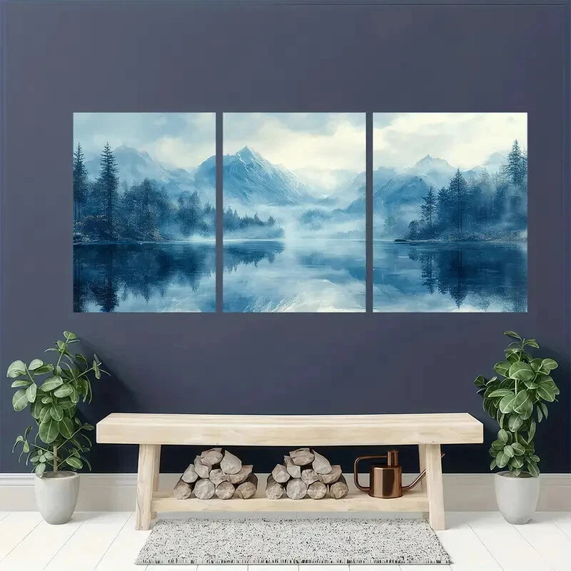 3pcs Abstract Landscape Serene Blue Mountain Lake Metal Print Ready to Hang Art