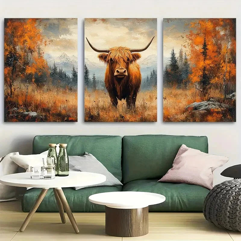 3pcs Highland Cow Autumn Meadow Scene Metal Print Ready to Hang Art