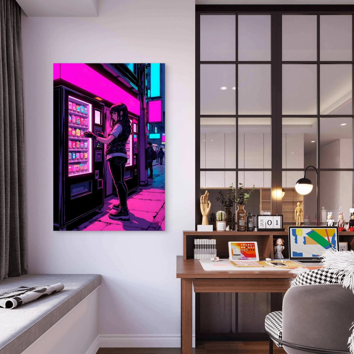Anime Girl Vending Machine Cyberpunk City 60x90cm Metal Print Ready to Hang