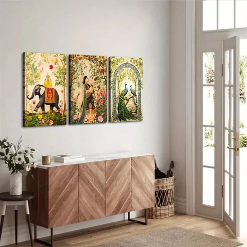 3pcs Woman in Garden, Peacock & Elephant Canvas Framed 60x90cm - High Quality Print 100% Australian Made Wall Canvas Ready to Hang