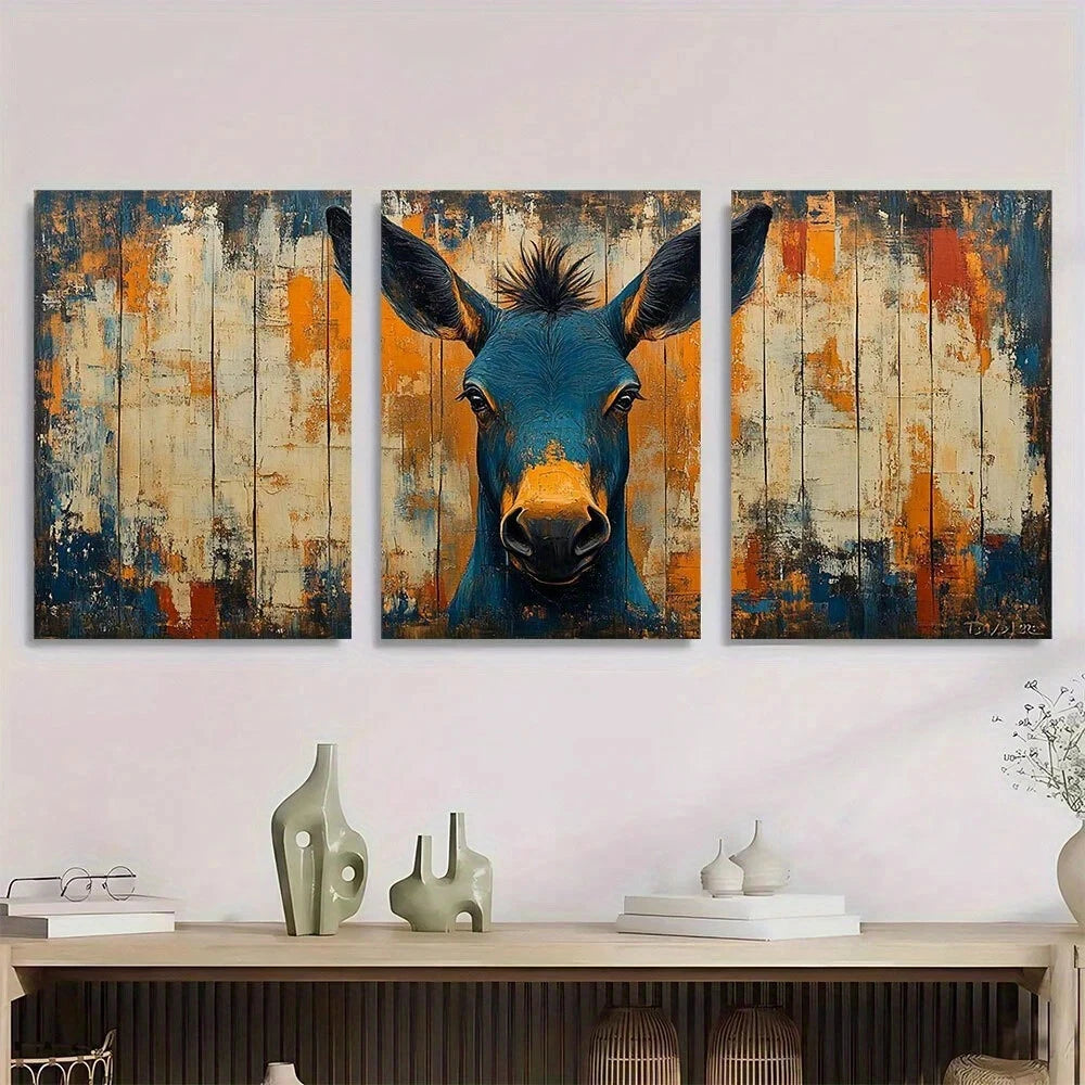 3pcs Abstract Vintage Donkey Rustic Blue & Orange Metal Print Ready to Hang Art