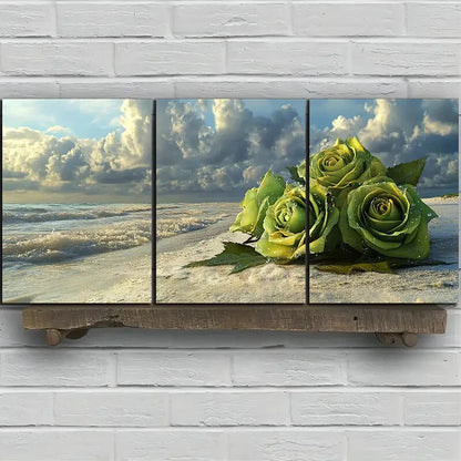 3pcs Green Roses on The Beach Metal Print Ready to Hang Art