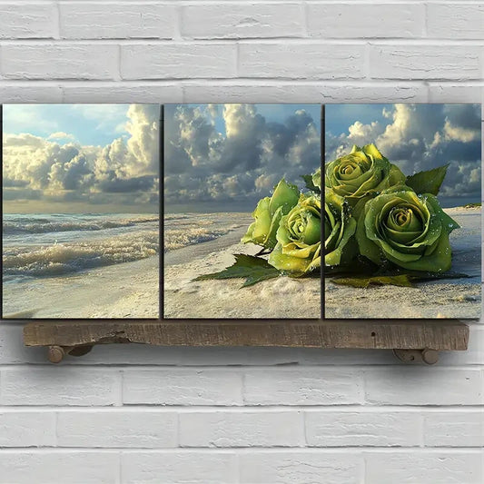 3pcs Green Roses on The Beach Metal Print Ready to Hang Art