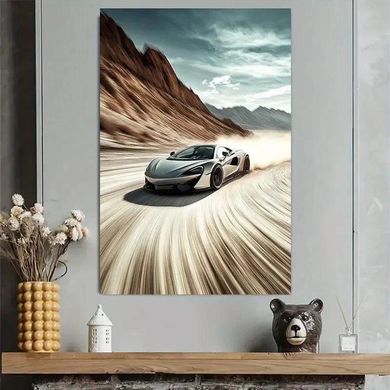 White Racing Car Desert Track Sports Art 40x60cm Metal Print Ready to Hang