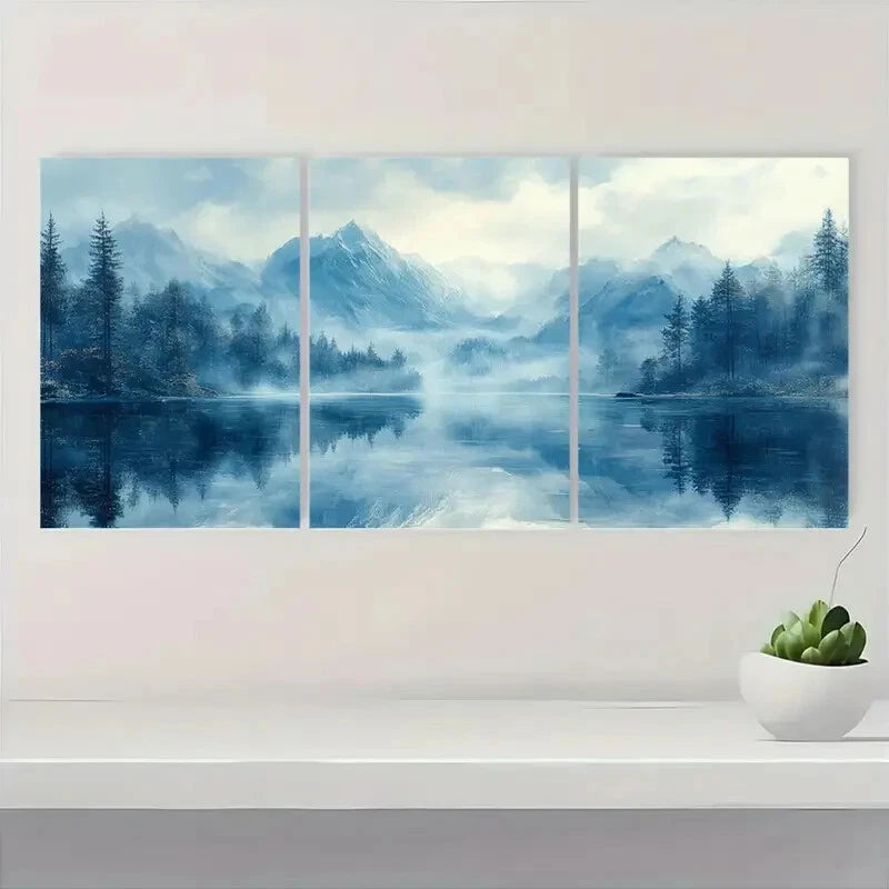 3pcs Abstract Landscape Serene Blue Mountain Lake Metal Print Ready to Hang Art
