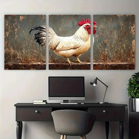 3pcs White Rooster Farm Animals Rustic Design Metal Print Ready to Hang Art