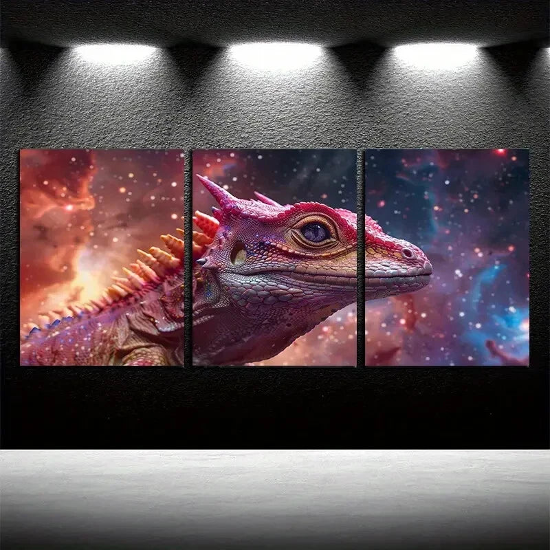 3pcs Vibrant Chameleon in Space Design Metal Print Ready to Hang Art