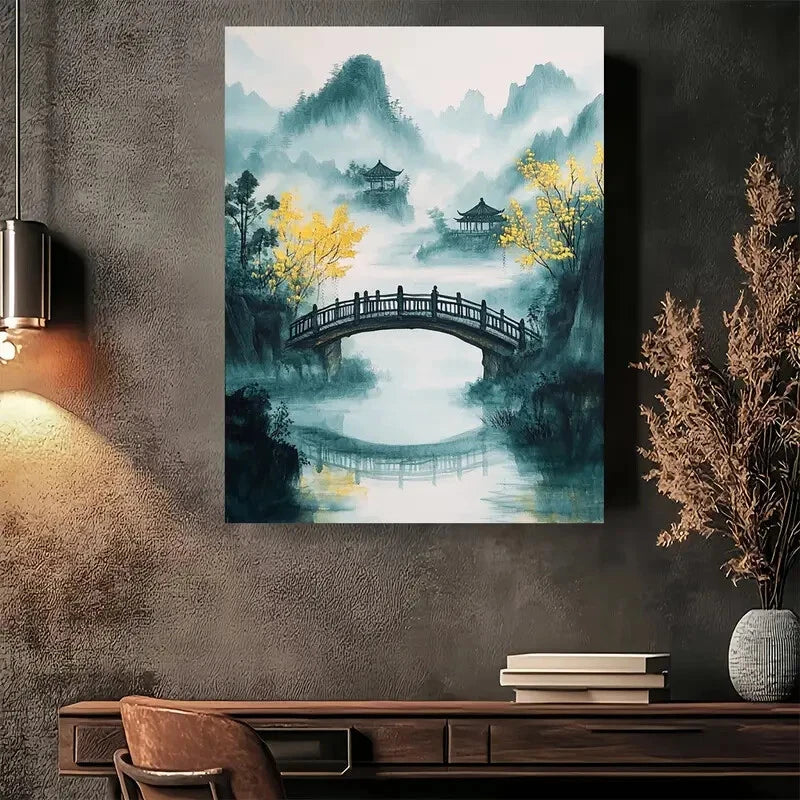 Beautiful Serene Asian Landscape with Bridge and Mount 40x60cm Metal Print Ready to Hang