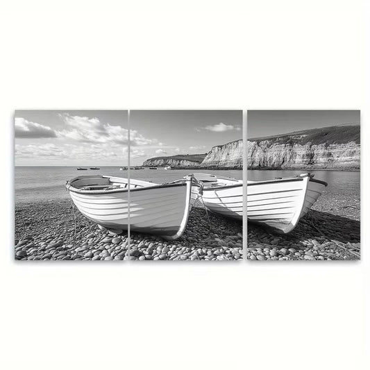 3pcs Black and White Boats at Chesil Cove Metal Print Ready to Hang Art