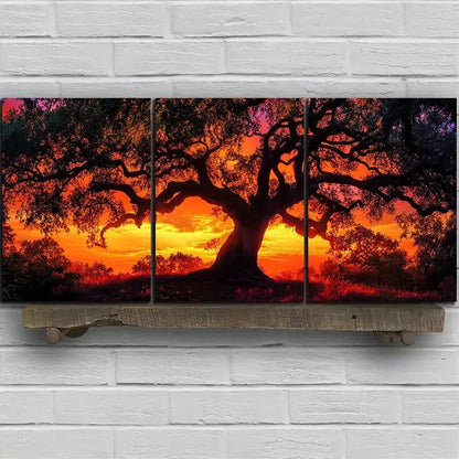 3pcs Sunset Tree Mural Orange Themed Metal Print Ready to Hang Art