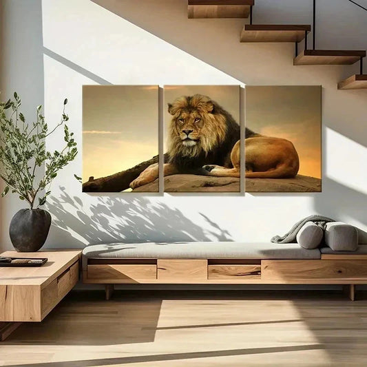 3pcs Majestic Lion Sitting on a Rock Wall Art Set Canvas Framed 40x60cm - High Quality Print 100% Australian Made Wall Canvas Ready to Hang