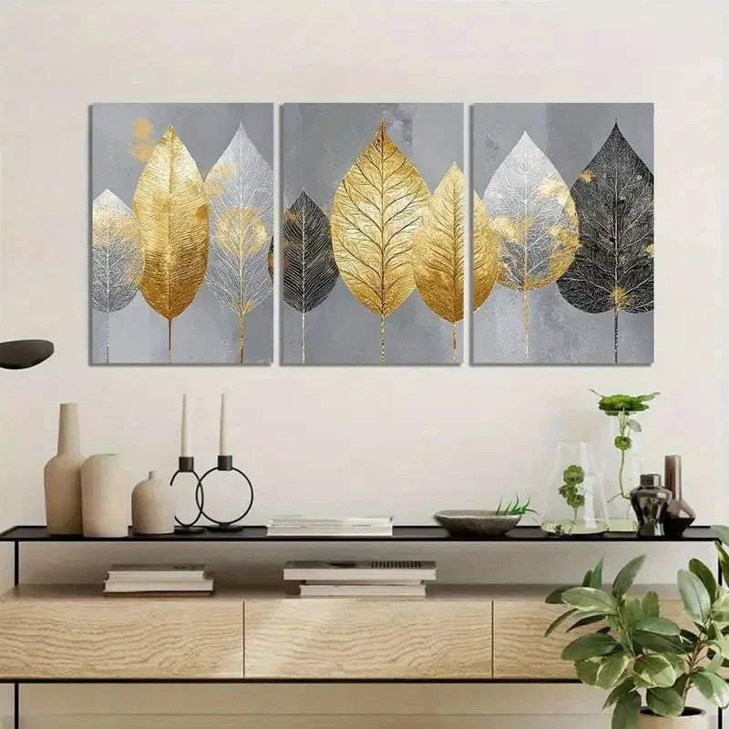 3pcs Elegant Golden and Silvery Leaves on Grey Metal Print Ready to Hang Art