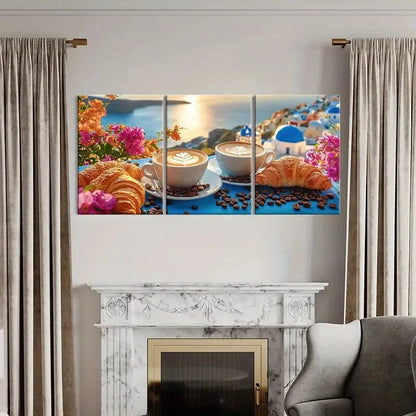 3pcs Coffee Croissant Floral Mediterranean View Metal Print Ready to Hang Art