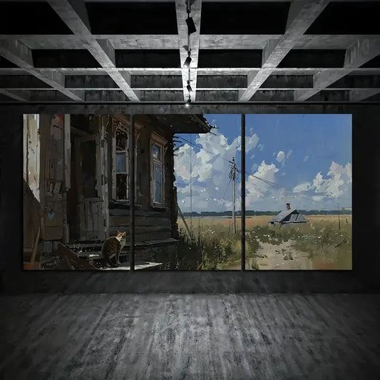 3pcs Rustic Farmhouse Cat by Window Blue Sky Metal Print Ready to Hang Art